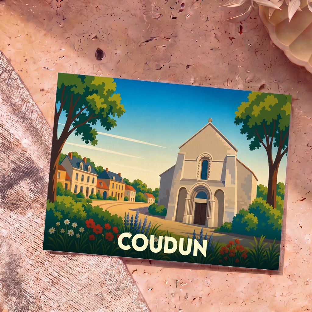 Carte postale souvenir de la ville de Coudun avec une illustration stylisée de son église et de ses maisons.