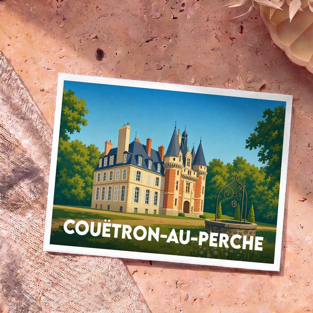 Carte postale souvenir de la ville de Couëtron-au-Perche avec une illustration stylisée d'un château.