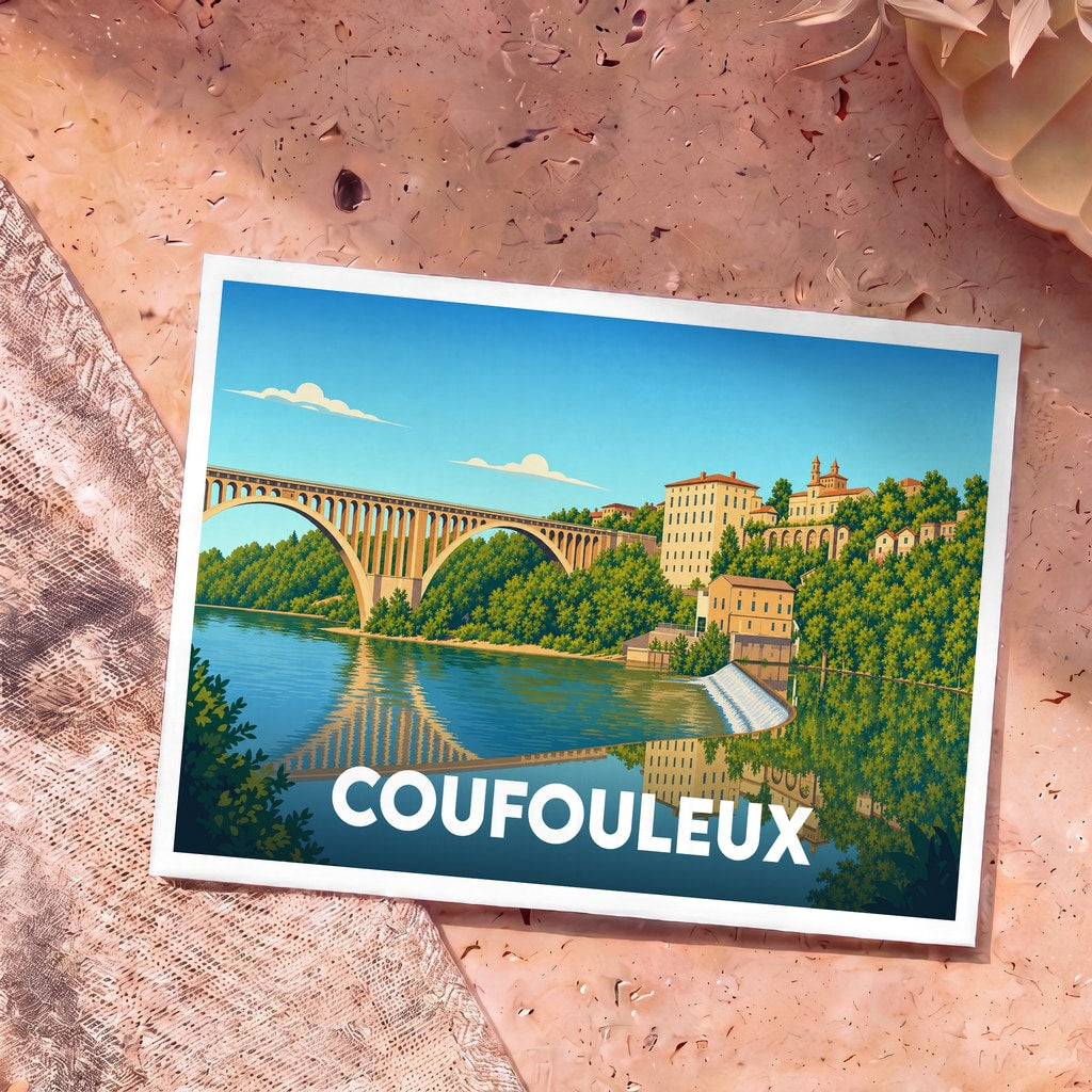Carte postale souvenir de la ville de Coufouleux avec une illustration stylisée d'un viaduc et de bâtiments en bord de rivière.