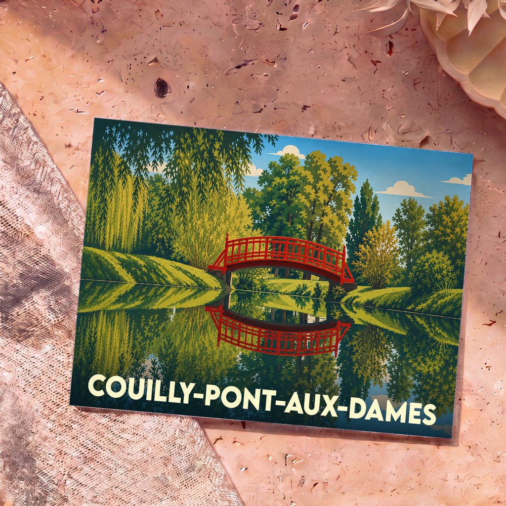 Carte postale souvenir de Couilly-Pont-aux-Dames illustrant un pont rouge enjambant une rivière dans un style graphique épuré.