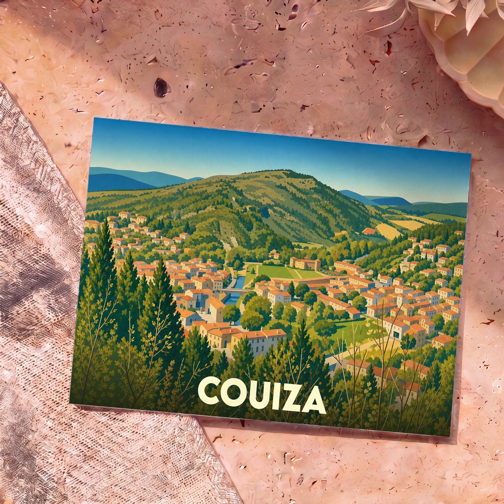 Carte postale souvenir de la ville de Couiza présentant une illustration stylisée et colorée de la commune nichée au cœur d'une vallée verdoyante.