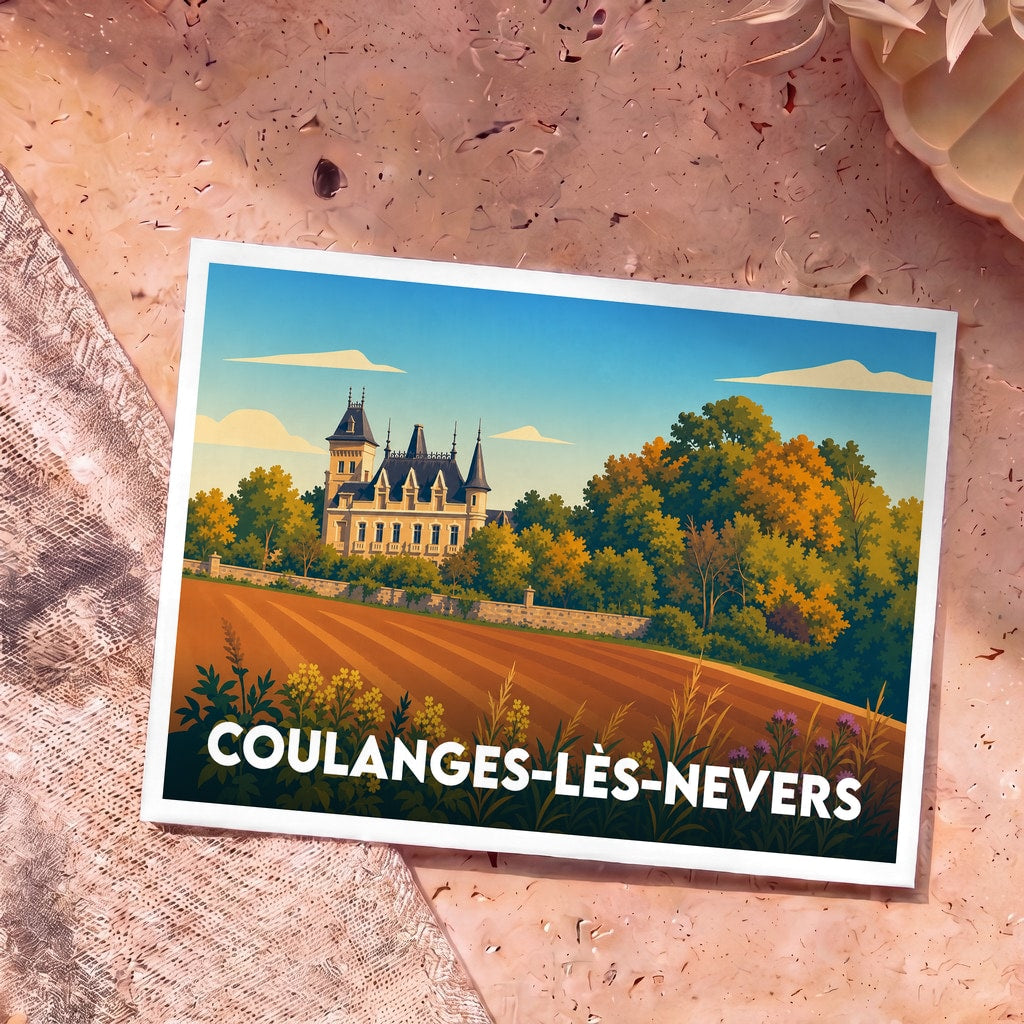 Carte postale souvenir de Coulanges-lès-Nevers illustrant un château entouré de champs et de fleurs dans un style rétro.