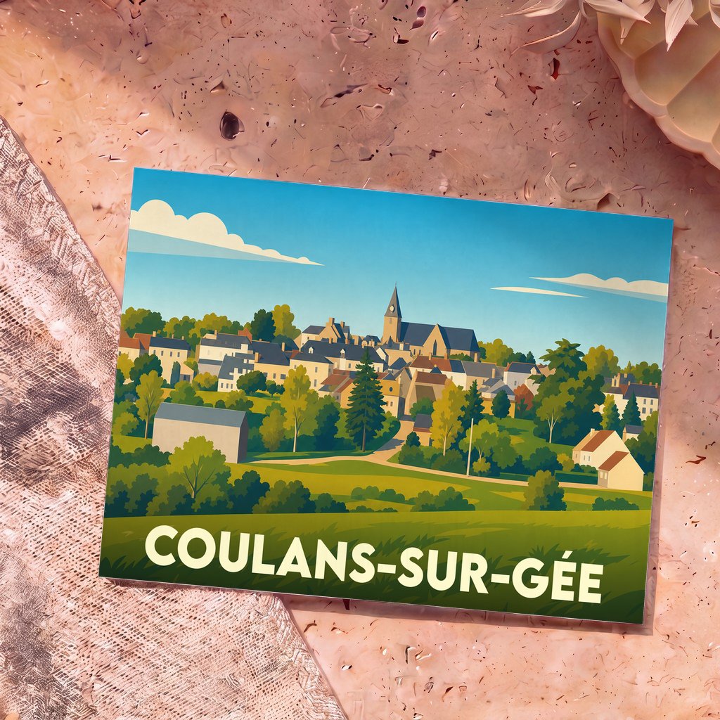 Carte postale souvenir de la ville de Coulans-sur-Gée avec une illustration stylisée d'un village français.