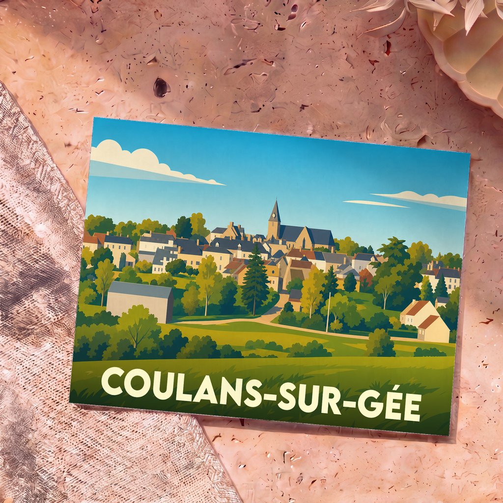 Carte postale souvenir de la ville de Coulans-sur-Gée avec une illustration stylisée.