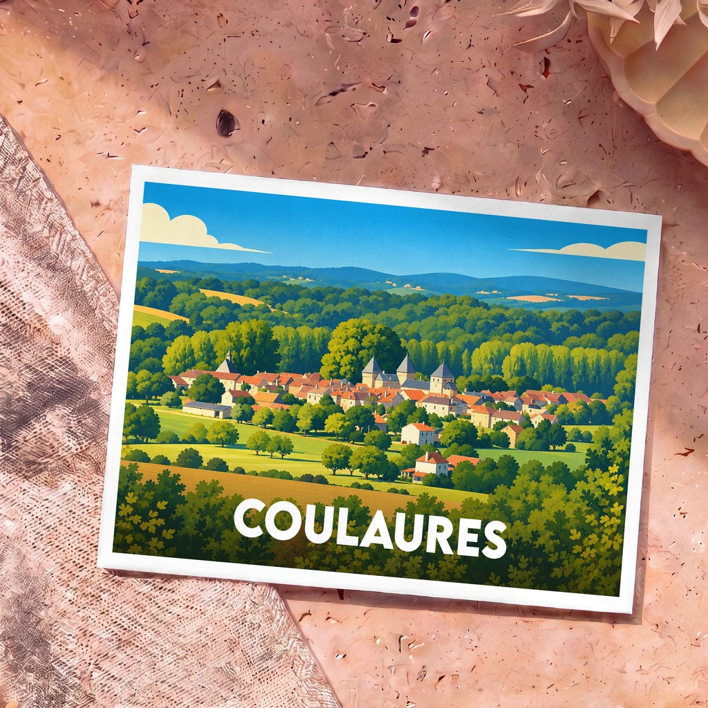 Carte postale souvenir de la ville de Coulaures avec une illustration stylisée de ses paysages et bâtiments.