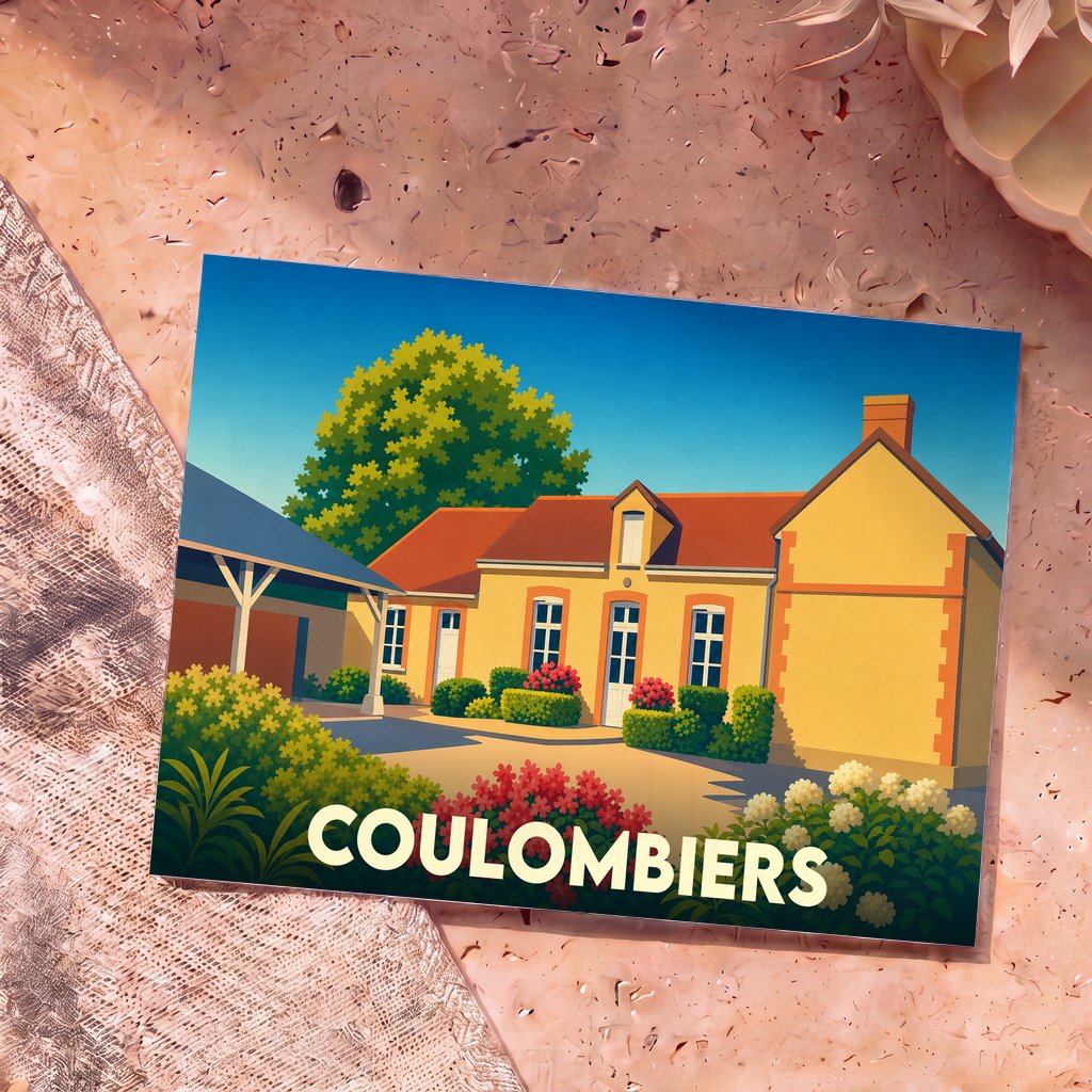 Carte postale souvenir de la ville de Coulombiers avec une illustration stylisée d'une maison de campagne ensoleillée.