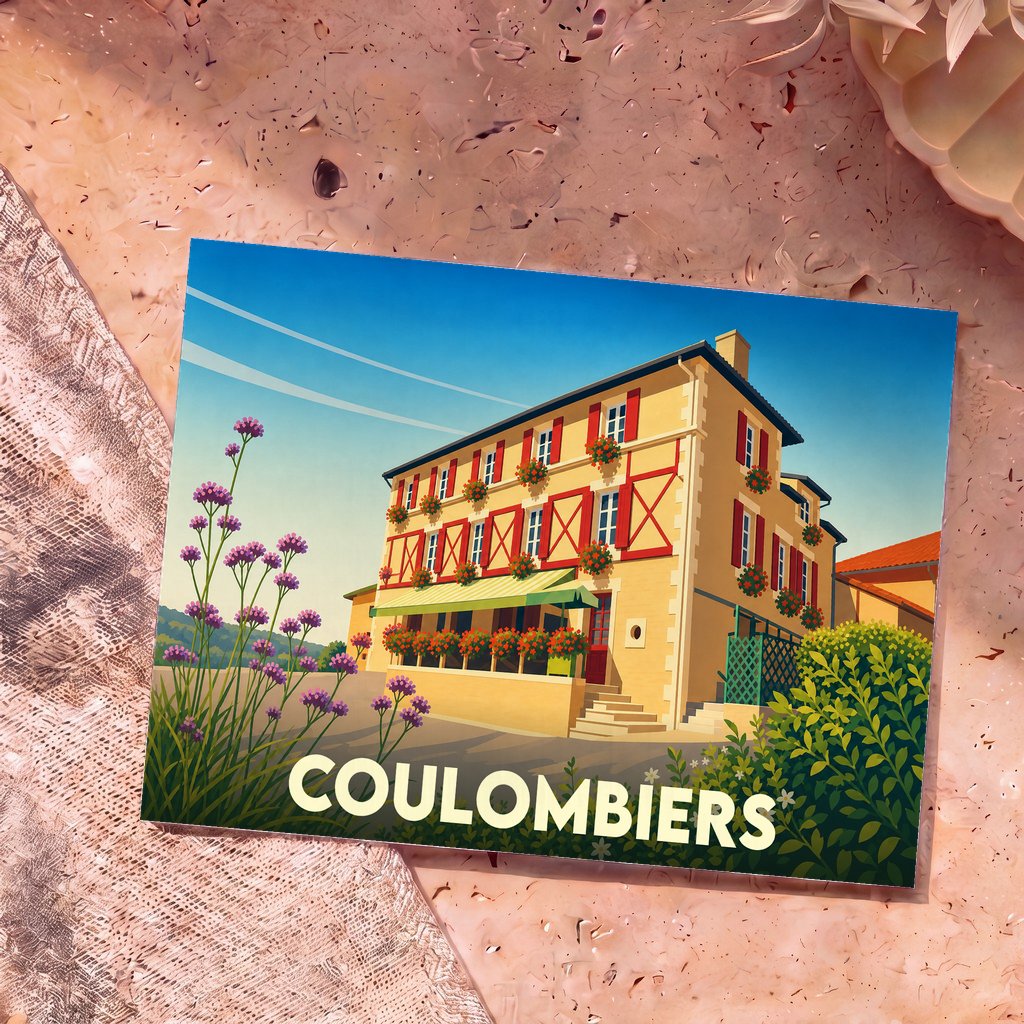 Carte postale souvenir de la ville de Coulombiers avec une illustration stylisée d'une bâtisse fleurie.