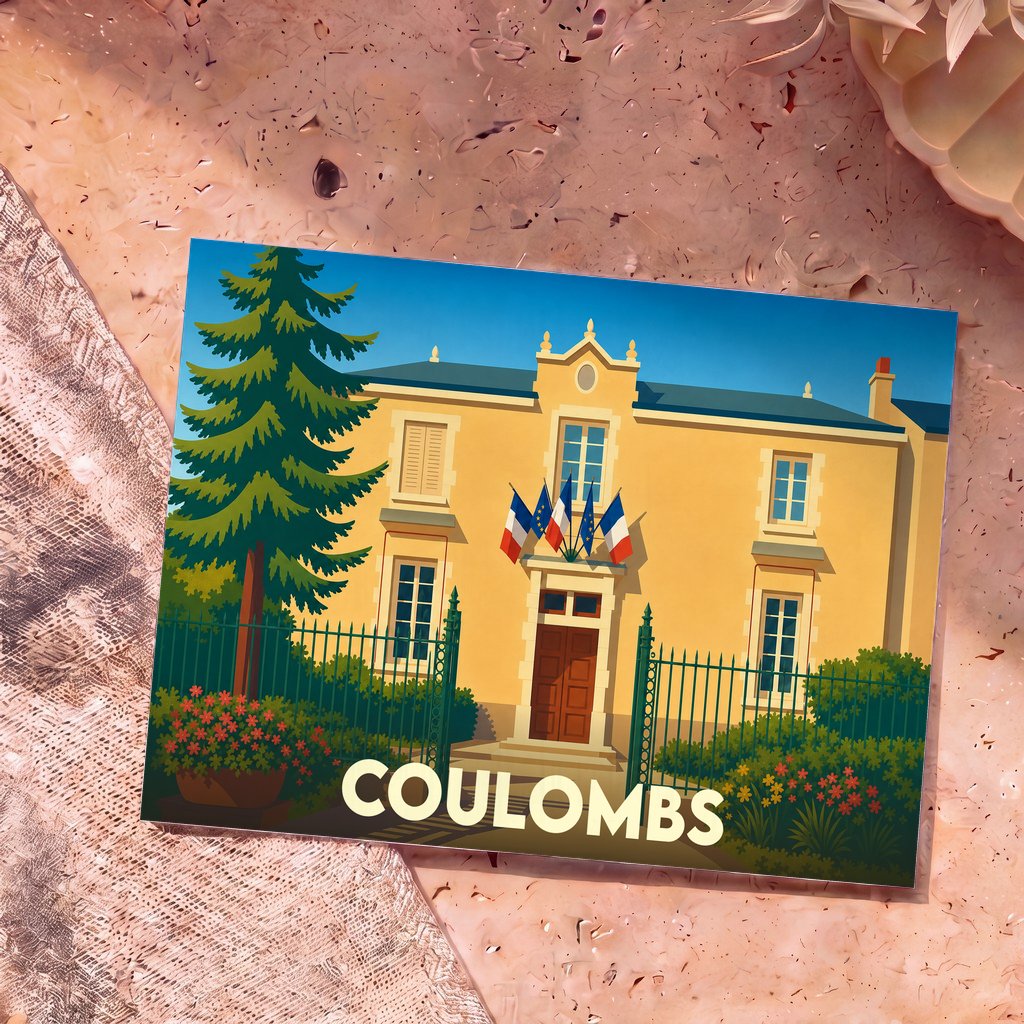 Carte postale souvenir de la ville de Coulombs avec une illustration stylisée de sa mairie.