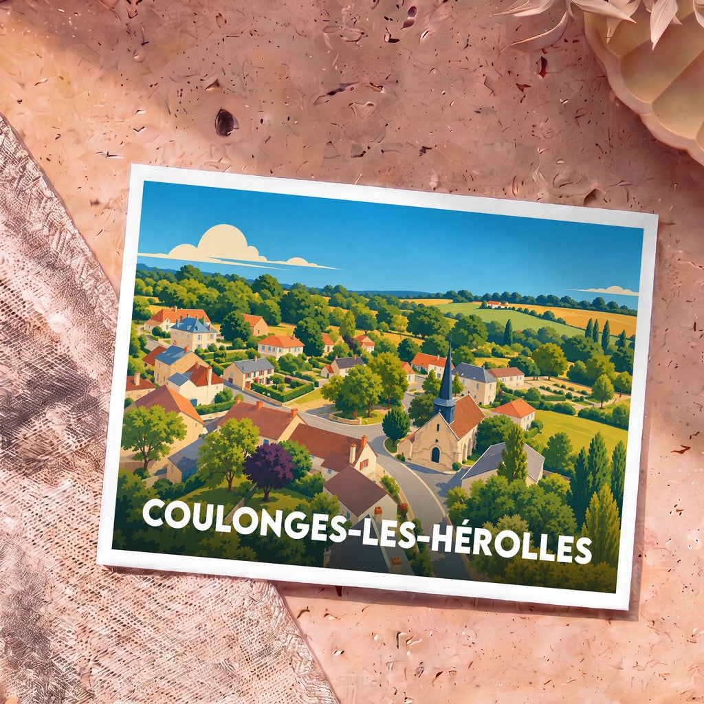 Carte postale souvenir de la ville de Coulonges-les-Hérolles avec une illustration stylisée d'un village pittoresque.