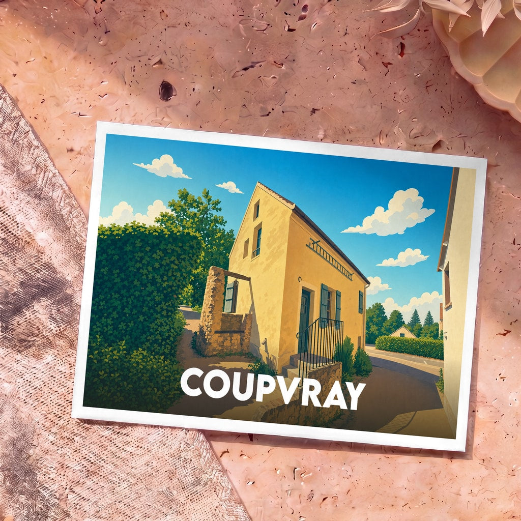 Carte postale souvenir de la ville de Coupvray avec une illustration stylisée d'une maison traditionnelle.