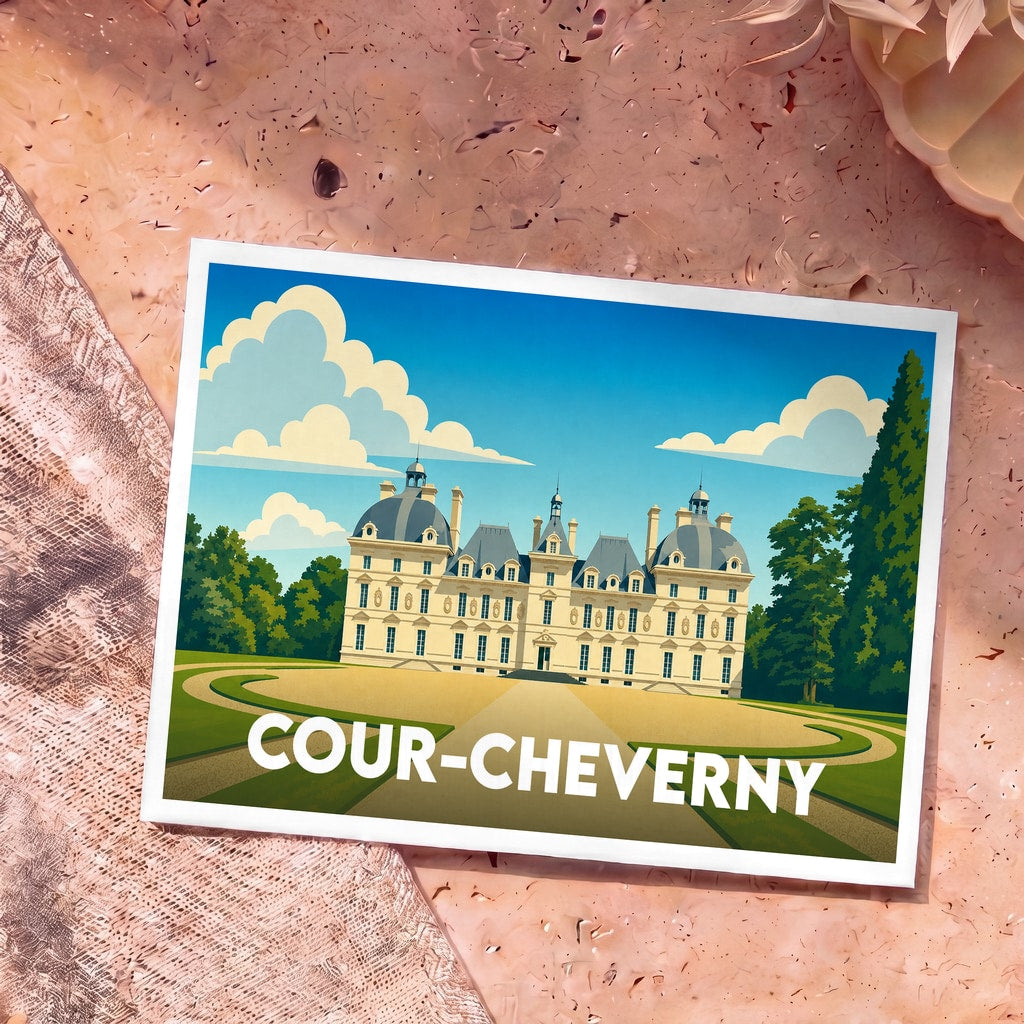 Carte postale souvenir de la ville de Cour-Cheverny avec une illustration stylisée du château.