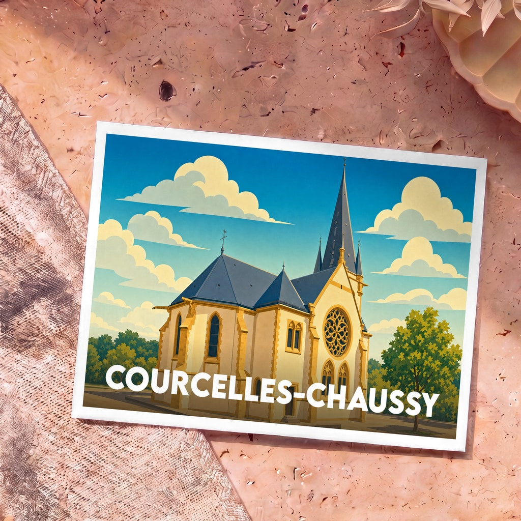 Carte postale souvenir de la ville de Courcelles-Chaussy avec une illustration stylisée de son église sous un ciel nuageux.