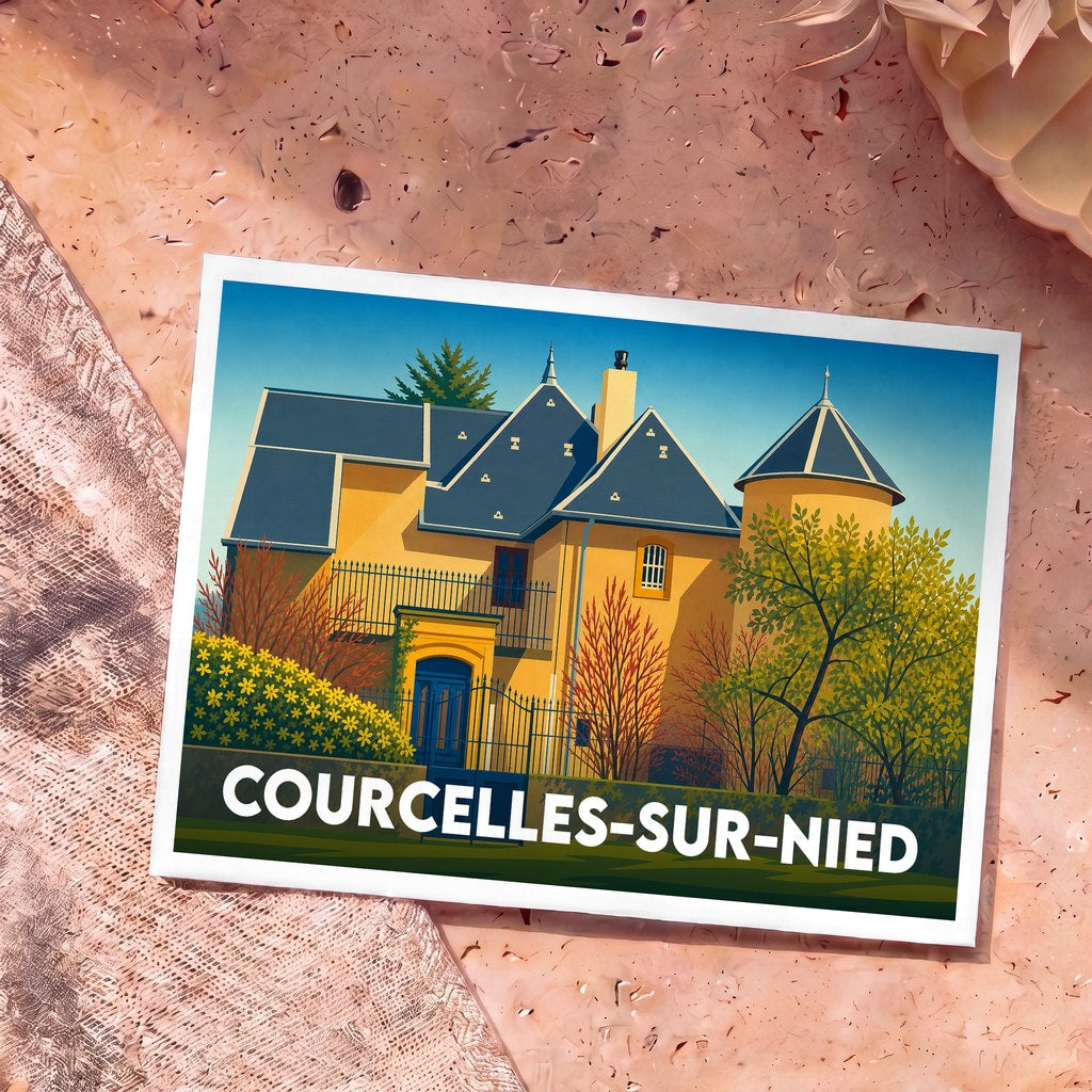 Carte postale souvenir de la ville de Courcelles-sur-Nied avec une illustration colorée et stylisée de son architecture.