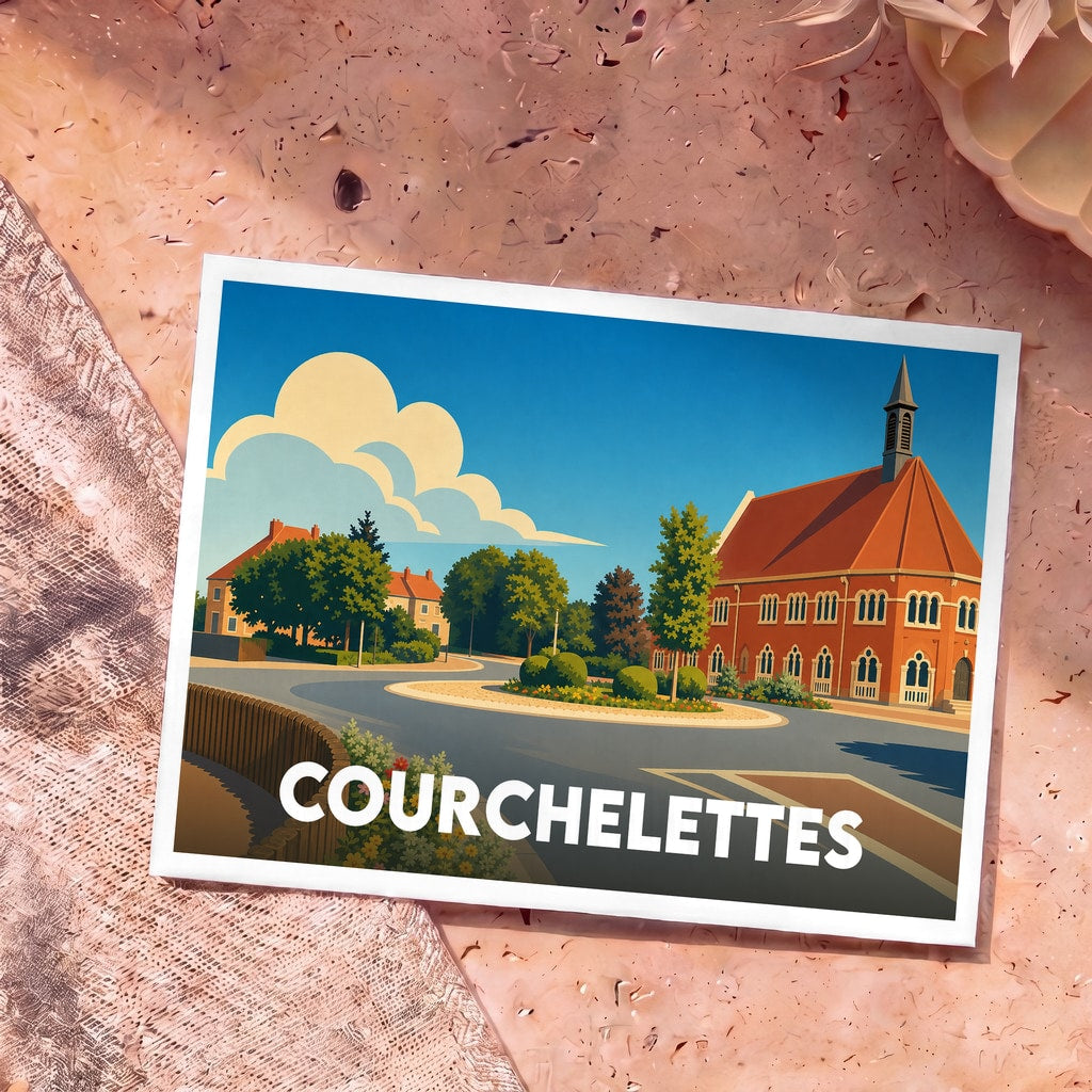Carte postale souvenir de la ville de Courchelettes avec une illustration stylisée.