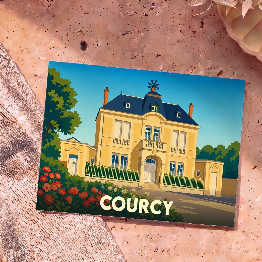 Carte postale souvenir de la ville de Courcy illustrant une grande demeure bourgeoise au style graphique épuré.