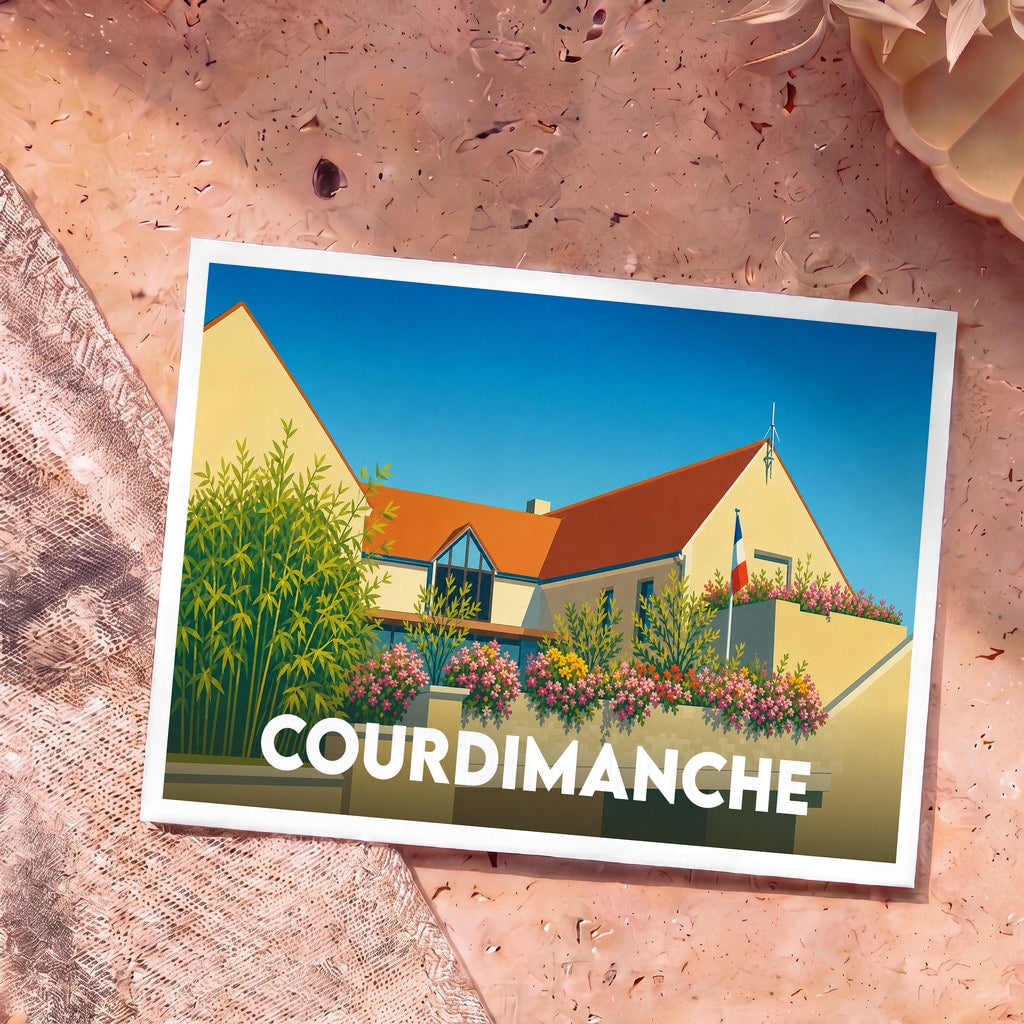 Carte postale souvenir de la ville de Courdimanche avec une illustration stylisée d'un bâtiment fleuri sous un ciel bleu.