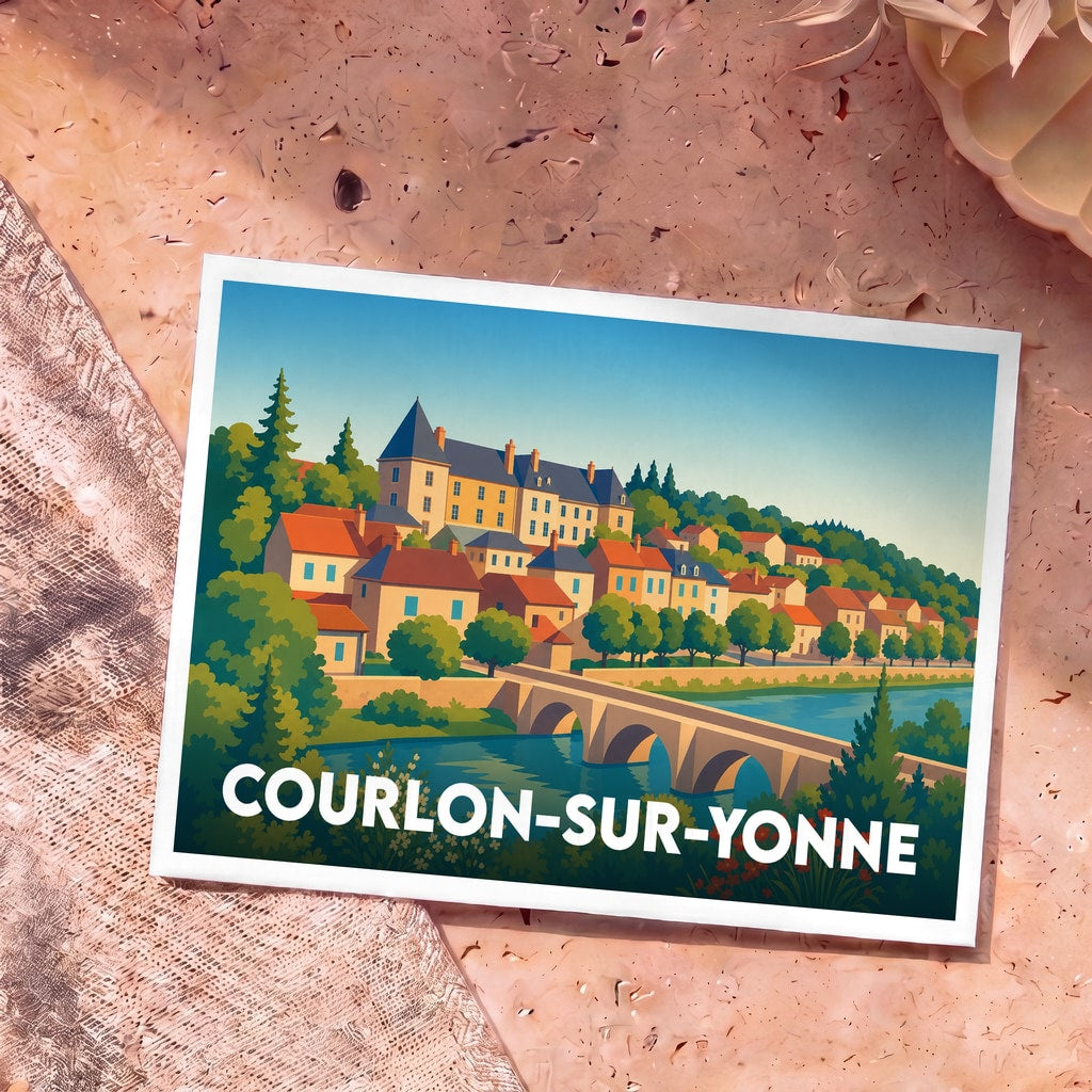 Carte postale souvenir de la ville de Courlon-sur-Yonne avec une illustration stylisée d'un village en bord de rivière.