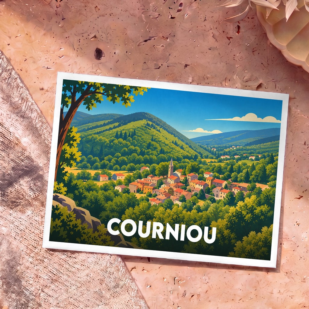 Carte postale souvenir de la ville de Courniou avec une illustration stylisée d'un village dans une vallée verdoyante.