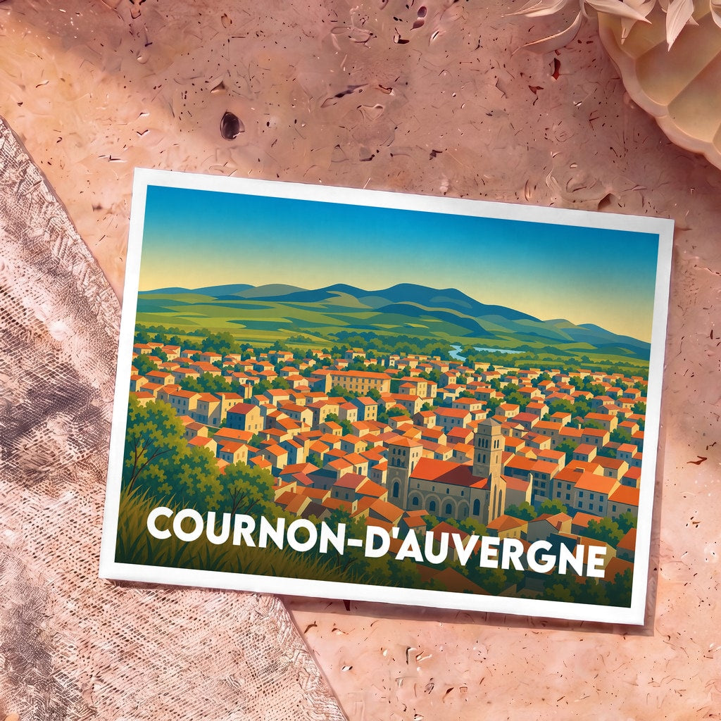 Carte postale souvenir de la ville de Cournon-d'Auvergne avec une illustration stylisée.