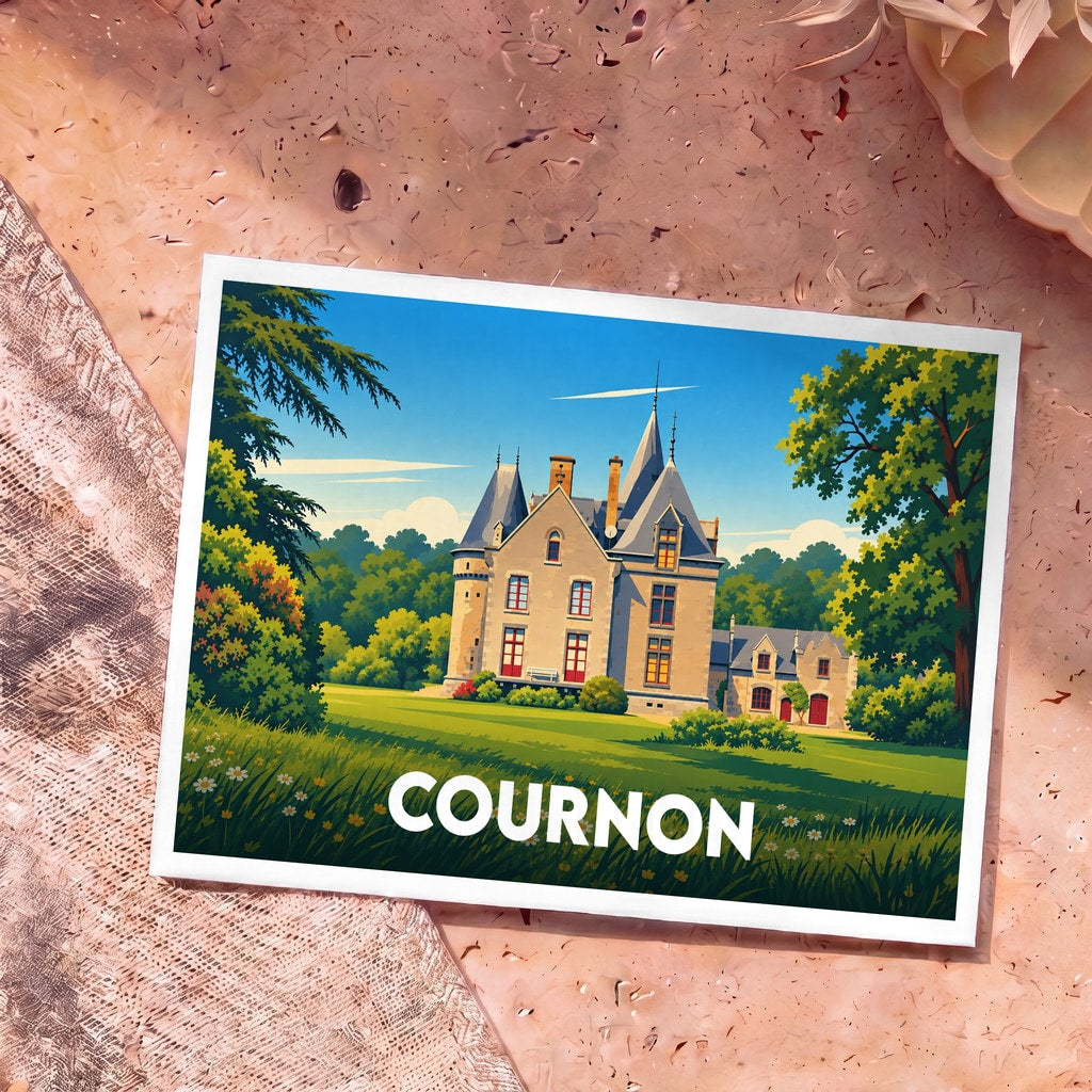 Carte postale souvenir de la ville de Cournon avec une illustration stylisée d'un château.