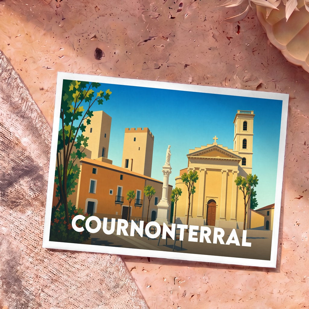 Carte postale souvenir de la ville de Cournonterral avec une illustration stylisée de sa place principale et de son église.