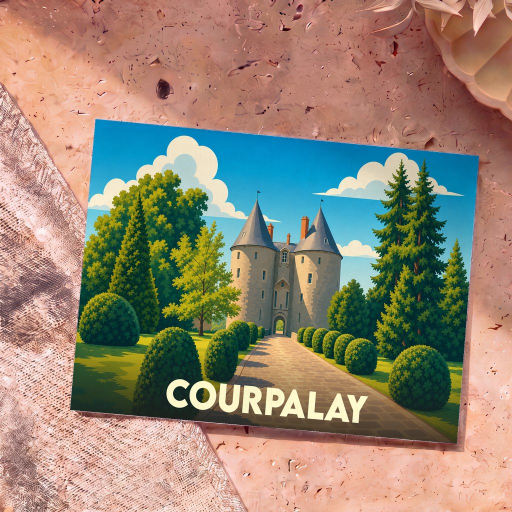 Carte postale souvenir de la ville de Courpalay avec une illustration stylisée de son château.