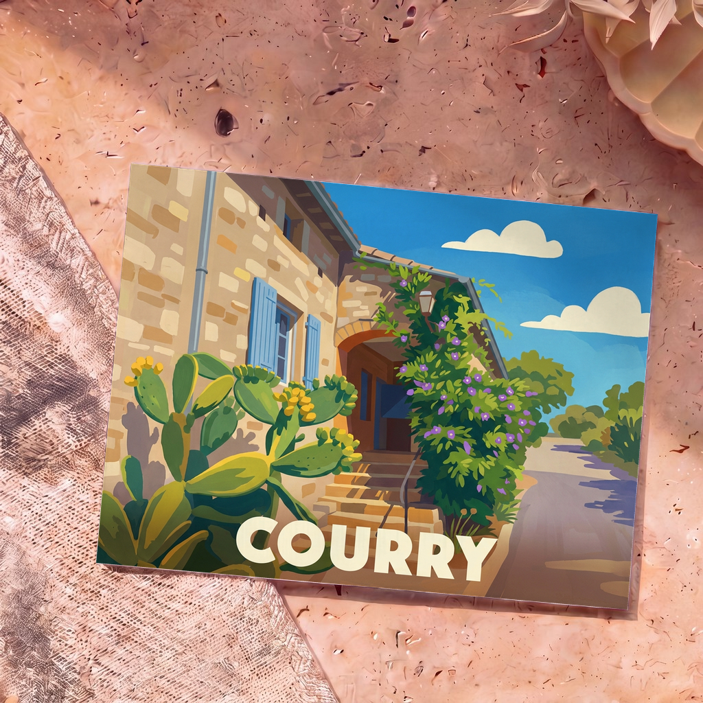 Carte postale souvenir de la ville de Courry arborant une illustration stylisée d'une maison en pierre sous le soleil.