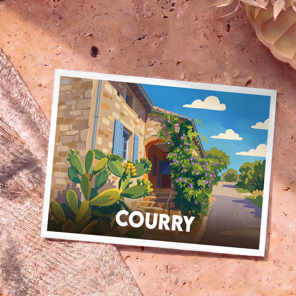 Carte postale souvenir de la ville de Courry arborant une illustration stylisée d'une maison en pierre sous le soleil.