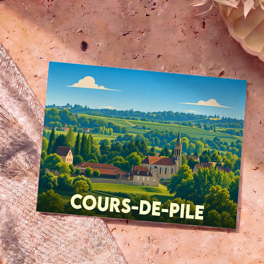 Carte postale souvenir de la ville de Cours-de-Pile avec une illustration stylisée d'un paysage de campagne et d'un clocher.