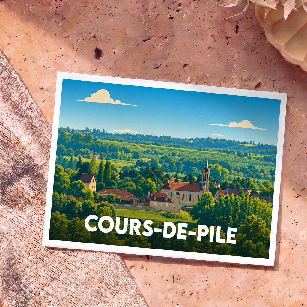 Carte postale souvenir de la ville de Cours-de-Pile avec une illustration stylisée d'un paysage de campagne et d'un clocher.