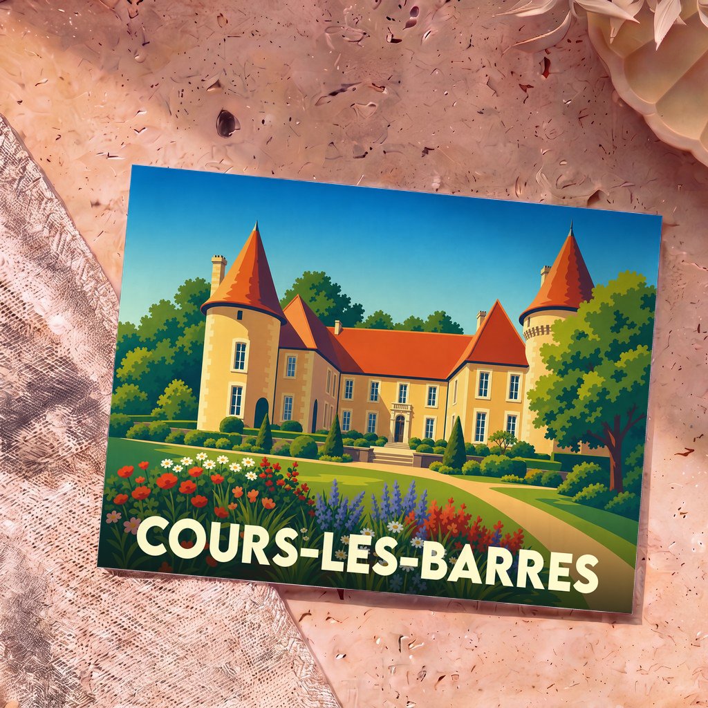 Carte postale souvenir de Cours-les-Barres illustrant un château entouré de jardins fleuris dans un style graphique épuré.