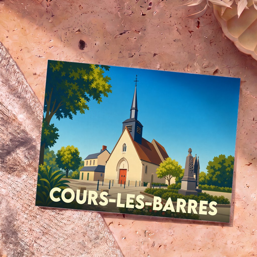 Carte postale souvenir de la ville de Cours-les-Barres avec une illustration stylisée de son église.