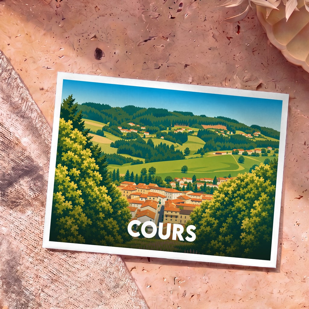Carte postale souvenir de la ville de Cours avec une illustration stylisée de ses paysages vallonnés et de ses toits rouges.