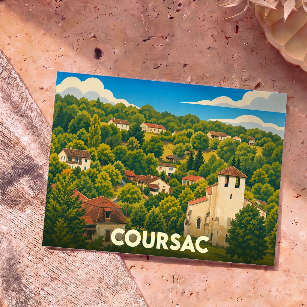 Carte postale souvenir de la ville de Coursac illustrant un paysage vallonné et arboré.