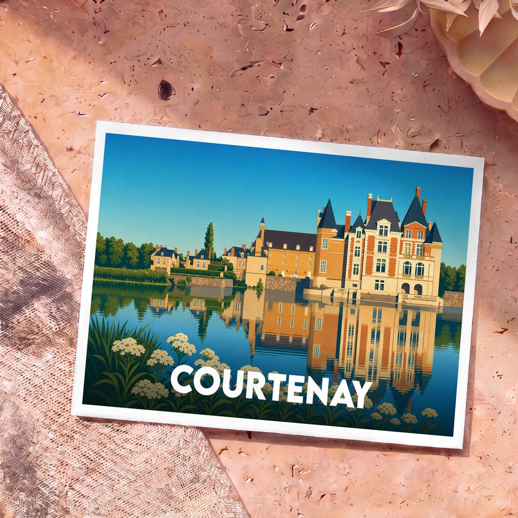 Carte postale souvenir de la ville de Courtenay avec une illustration stylisée d'un château se reflétant dans l'eau.