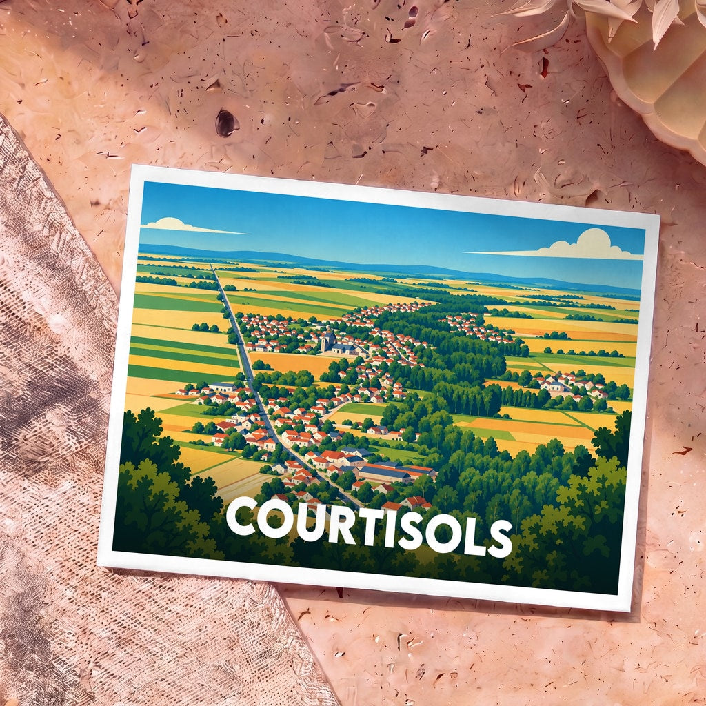 Carte postale souvenir de la ville de Courtisols avec une illustration stylisée en vue aérienne.