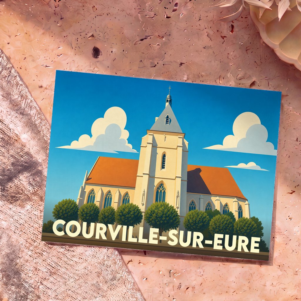 Carte postale souvenir de la ville de Courville-sur-Eure avec une illustration stylisée de son église sous un ciel bleu.