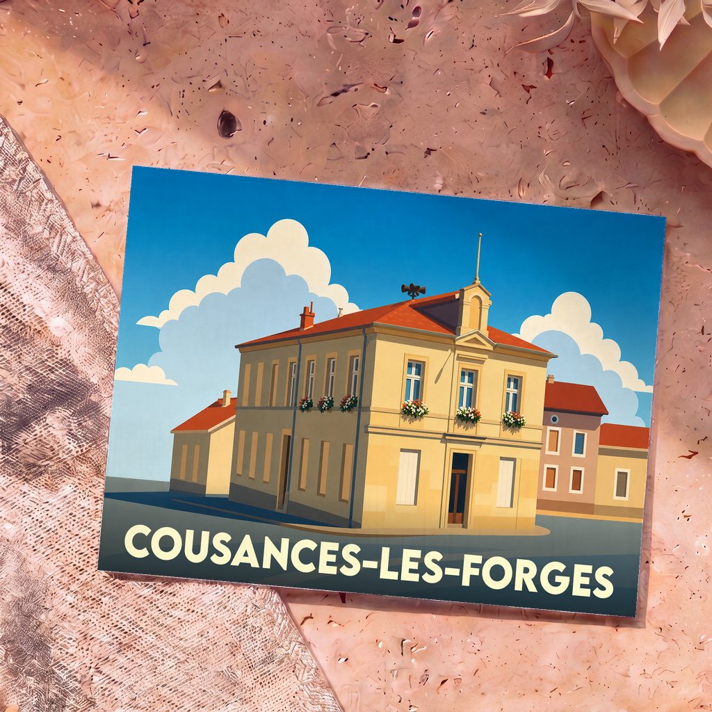 Carte postale souvenir de la ville de Cousances-les-Forges avec une illustration stylisée de sa mairie.