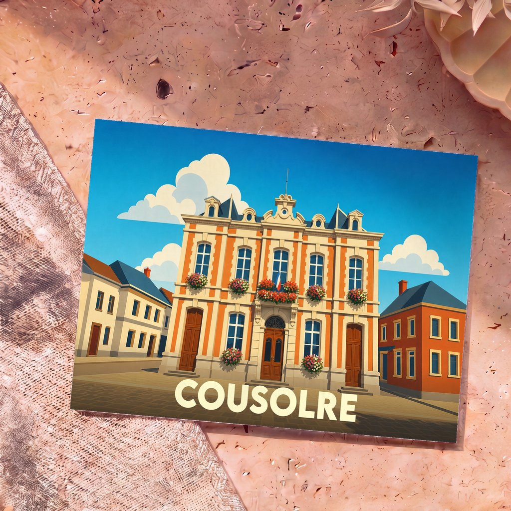 Carte postale souvenir de la ville de Cousolre avec une illustration stylisée de son hôtel de ville.