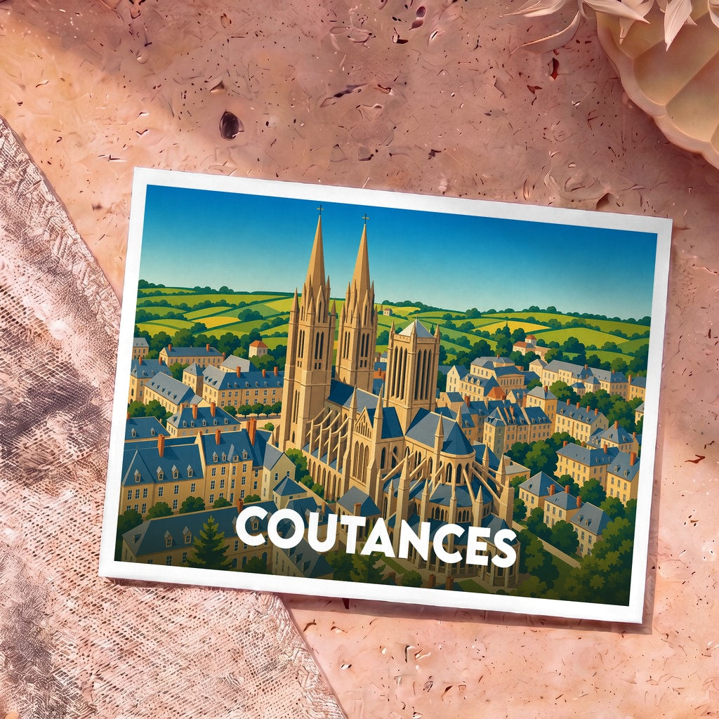 Carte postale souvenir de la ville de Coutances avec une illustration stylisée de sa cathédrale et de ses environs.