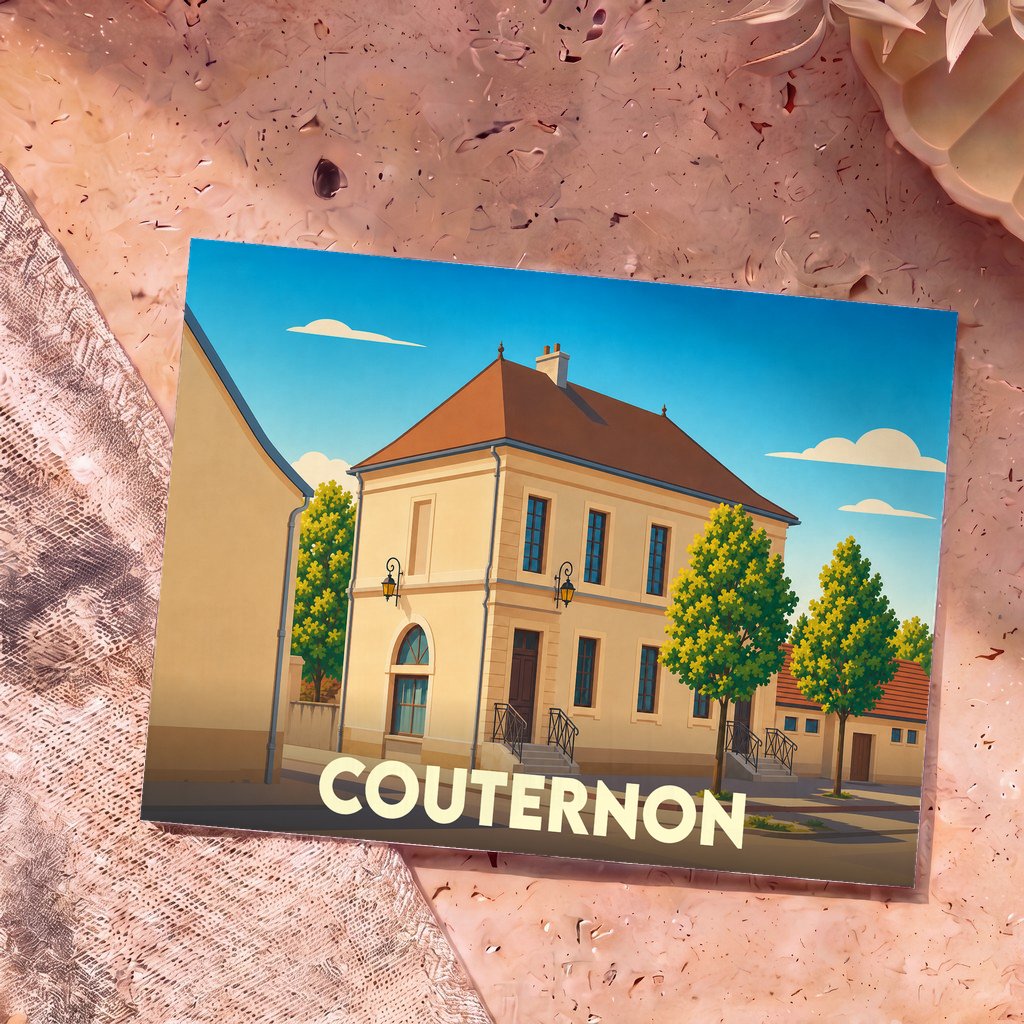 Carte postale souvenir de la ville de Couternon avec une illustration stylisée d'un bâtiment classique sous un ciel bleu.