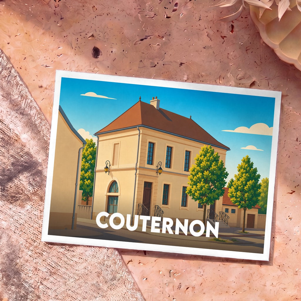 Carte postale souvenir de la ville de Couternon avec une illustration stylisée d'un bâtiment classique sous un ciel bleu.