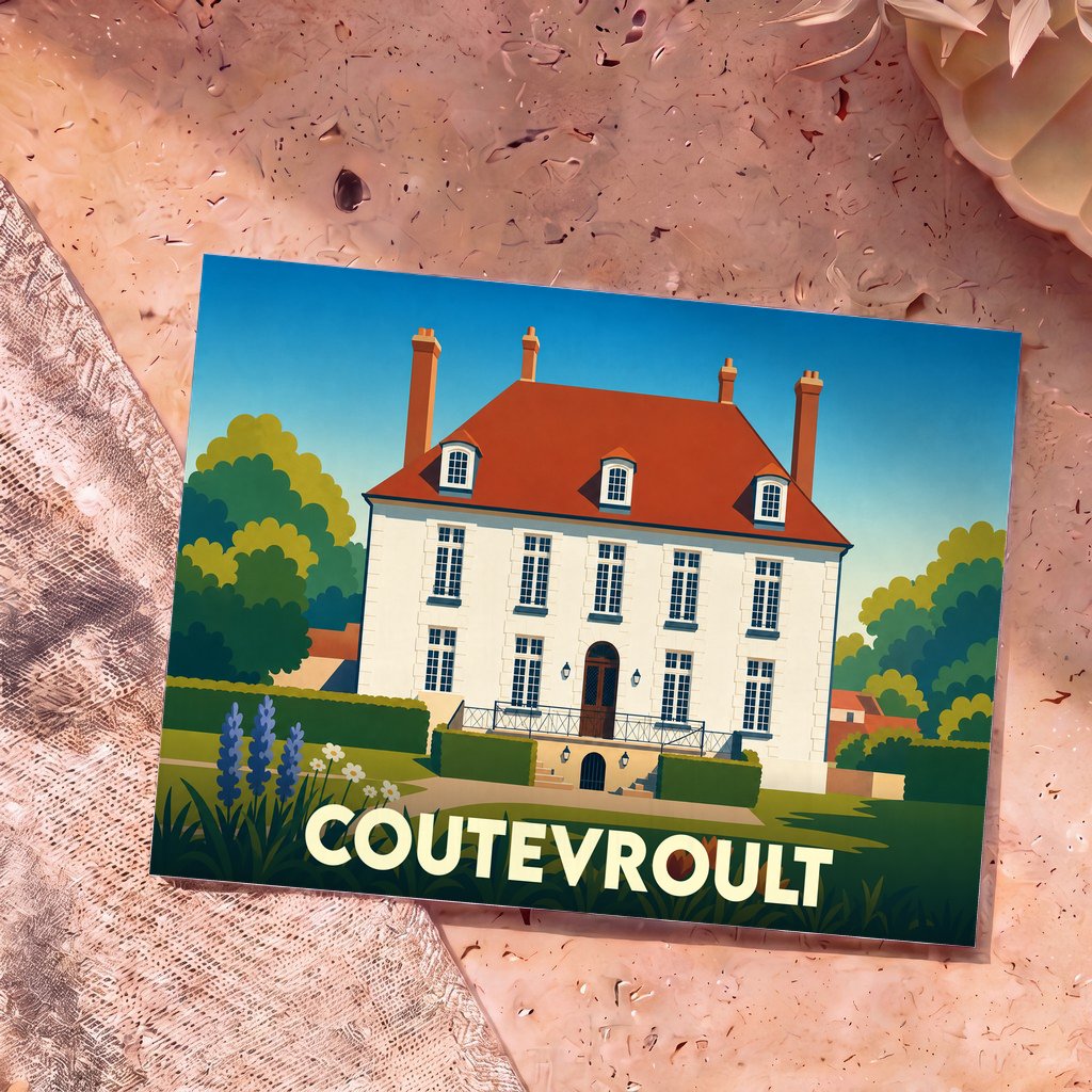 Carte postale souvenir de la ville de Coutevroult avec une illustration stylisée d'une grande demeure bourgeoise.