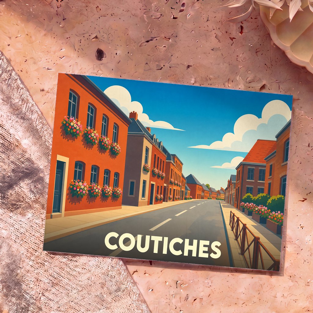 Carte postale souvenir de la ville de Coutiches avec une illustration stylisée d'une rue fleurie.