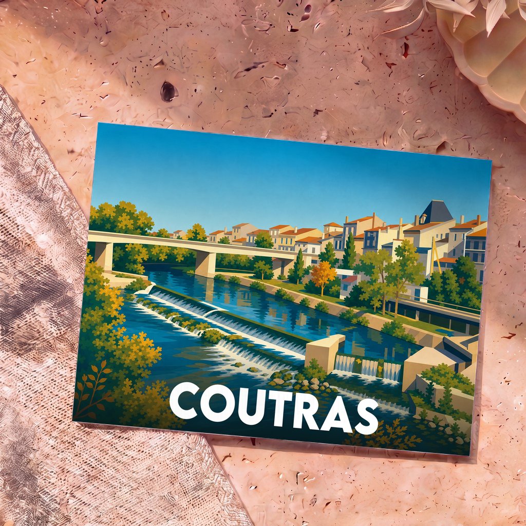Carte postale souvenir de la ville de Coutras avec une illustration stylisée d'un pont enjambant une rivière.