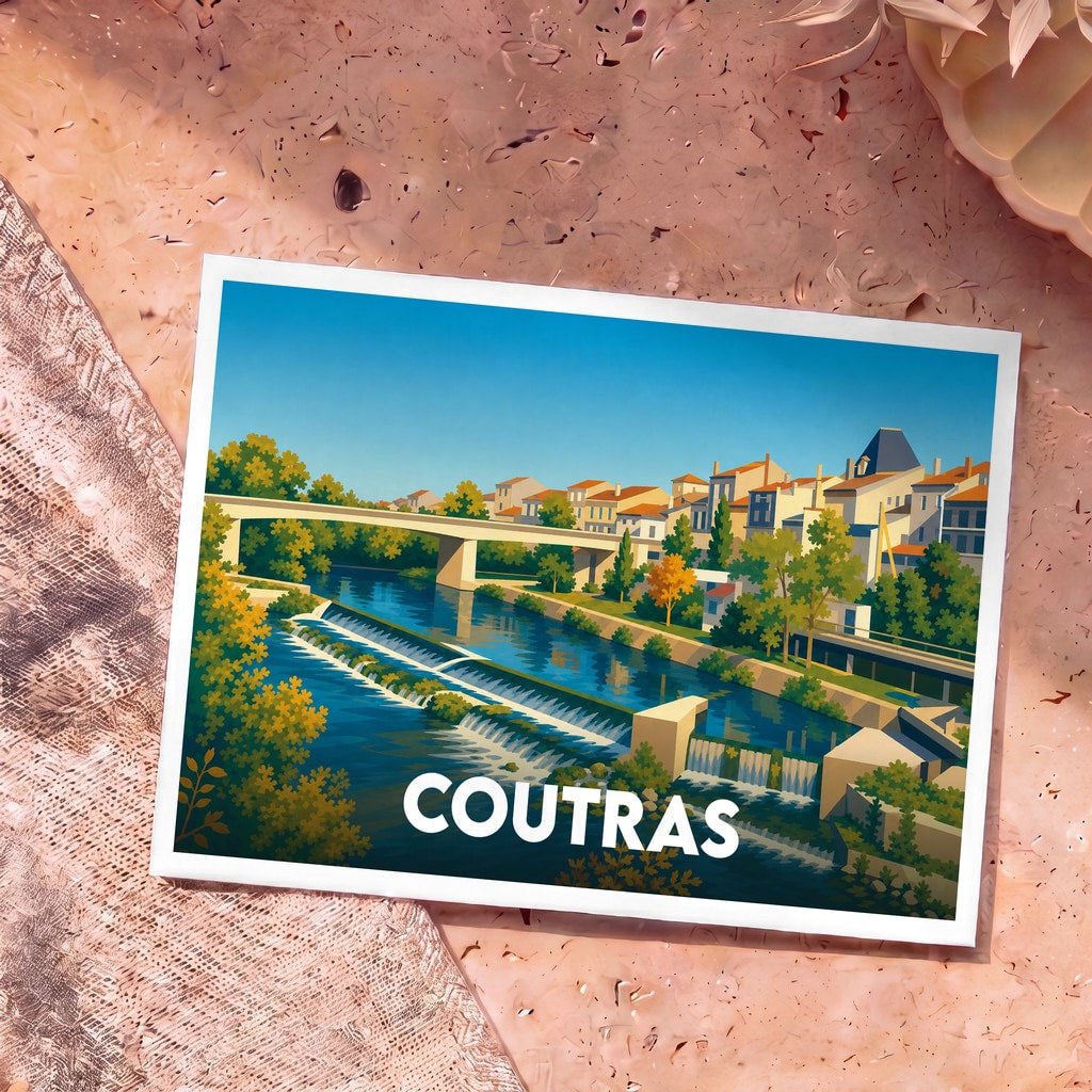 Carte postale souvenir de la ville de Coutras avec une illustration stylisée d'un pont enjambant une rivière.