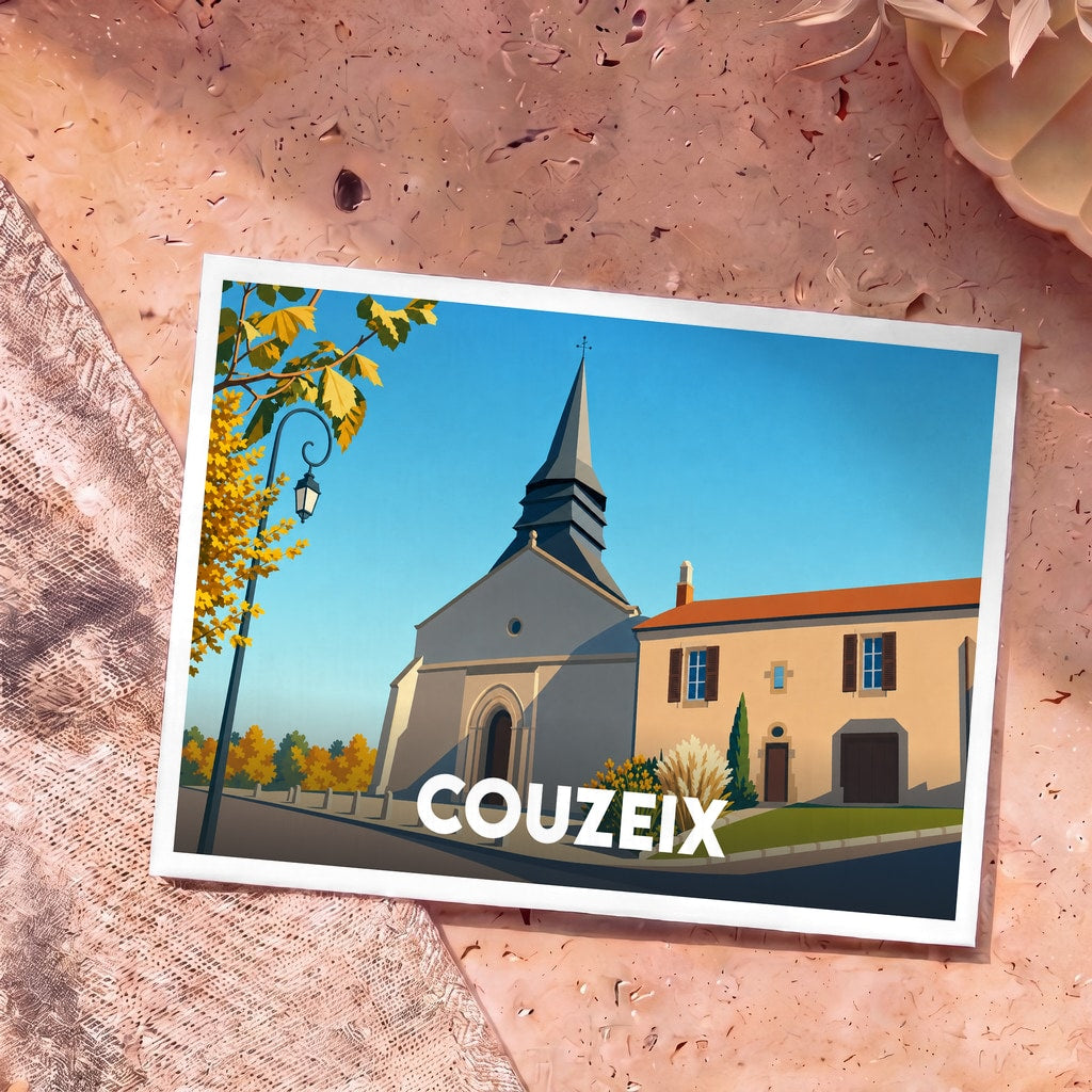 Carte postale souvenir de la ville de Couzeix illustrant son église avec un style graphique épuré.