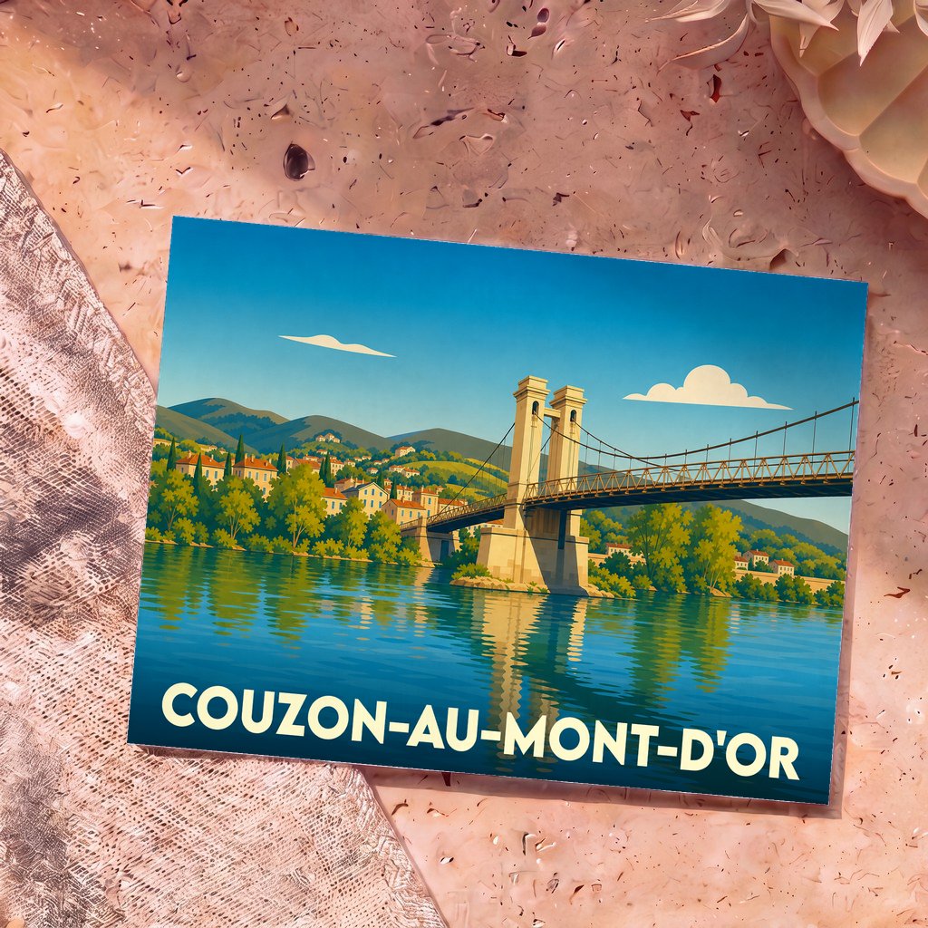 Carte postale souvenir de la ville de Couzon-au-Mont-d'Or illustrant son célèbre pont suspendu sur la Saône.