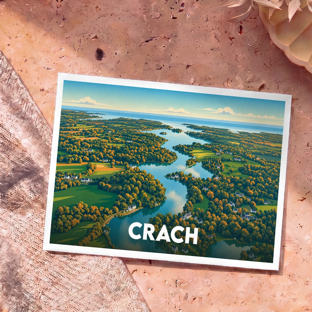 Carte postale souvenir de la ville de Crach avec une illustration aérienne et stylisée de son paysage côtier.