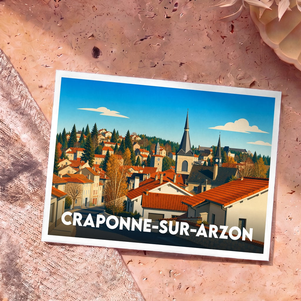 Carte postale souvenir de Craponne-sur-Arzon avec une illustration stylisée de la ville et de ses clochers.